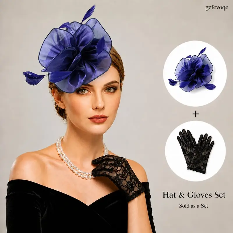 Women Fascinator Hat Lace Gloves Set Organza Flower Feather Tea Party Headpiece for Wedding Kentucky Derby Cocktail Church