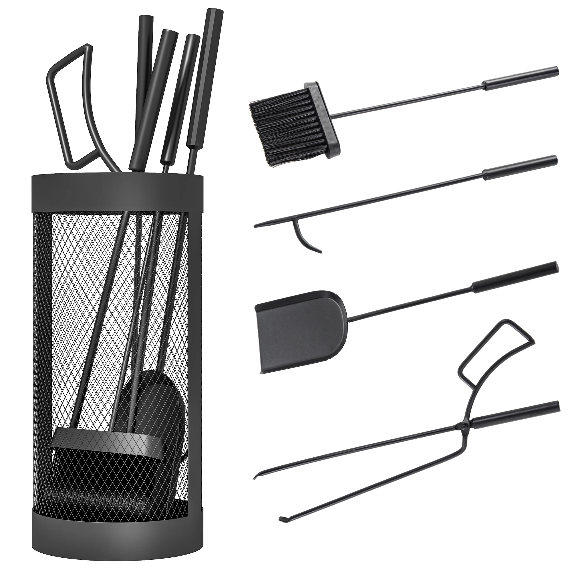 Outsunny set Fireplace Servator, 5-delige haardgereedschapset, lederen bezemtang, gaasemmer, metaal, zwart