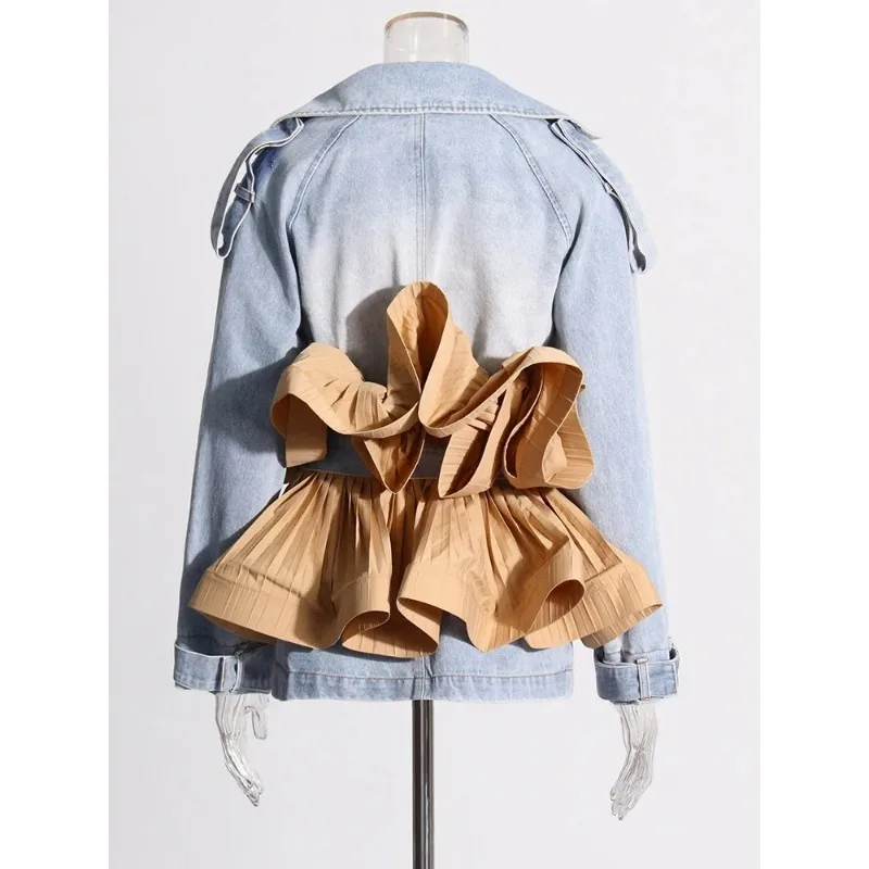 chwork Ruffled Casual Denim Jacket, Women's V-neck Long Sleeve Patchwork, Belted Peplum Coat Fall 2024 خواتین کا فیشن