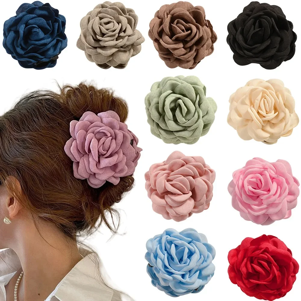 16 Colors Sweat Medium Size Cotton Fabric Rose Flower Hair Claw Clips for Women Korean Ctach Shark Clamp Hair Accessories 2024