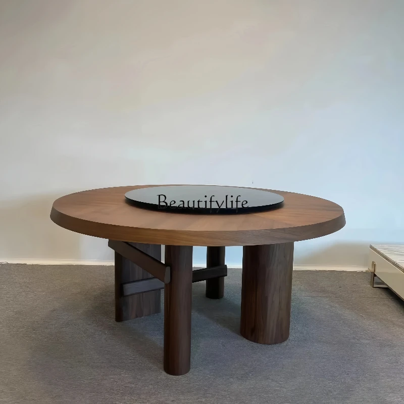 

Vintage Style Solid Wood Round Dining Table for Home Villa Large Round Table with Turntable Retro Style
