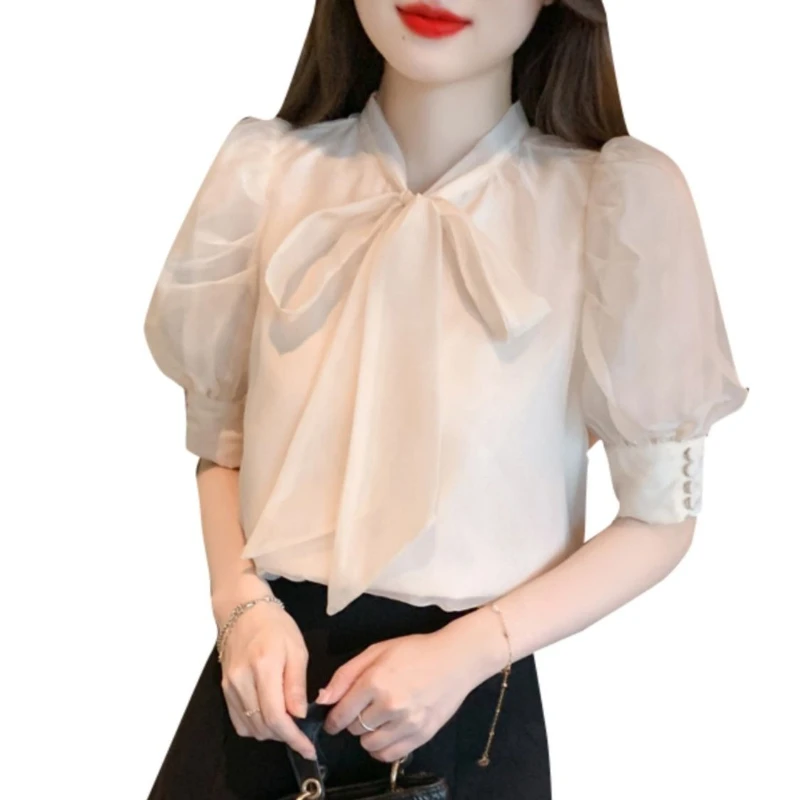 Fashion Bow Collar Apricot Chiffon Blouse Shirt Women Tops Blusas Mujer De Moda 2024 Verano Short Sleeve Blouse Women Blusa G587