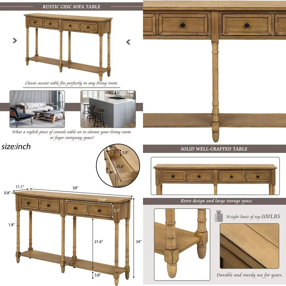 طاولة كونسول دخول من الخشب الصلب مع أدراج ورف، لمسة نهائية من خشب الصنوبر القديم، 58 طويلة للممر وغرفة المعيشة #1