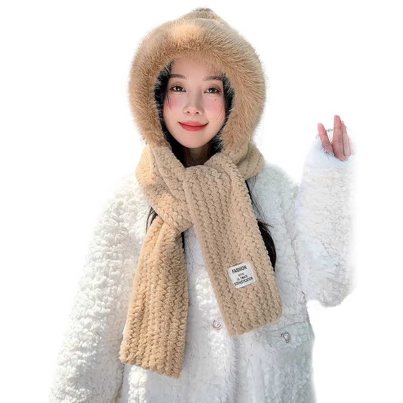 Hat Scarf Women\'s Cap Autumn Winter Knitted Thickened Warm Winter Cycling Fox Hair Ear Protection Hooded