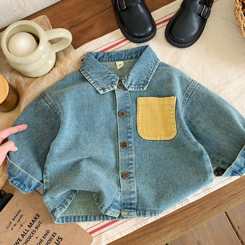 High Quality Denim Long Sleeved Shirt 2024 New Spring/Autumn Boy Lapel Single Breasted Patchwork Jacket Casual Fashion Girl Top