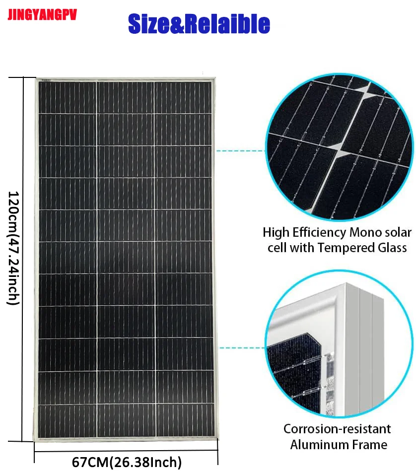 Solar Panel 160W Monocrystalline Cell 12V Panel Solar Rigid Solid Strong Temper Glass, 30mm Aluminum Frame Camping RV Boat