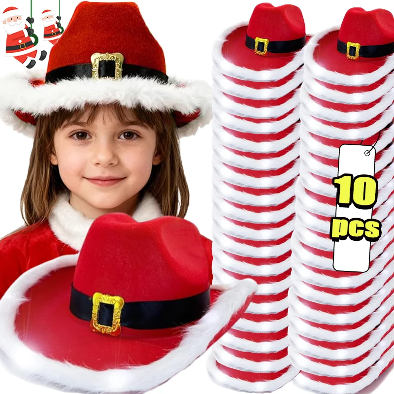 10pcs Fashion Santa Claus Dress Up Hat Christmas Red Luminous Cowboy Hat Cosplay Festival Party Stage Performance Atmosphere