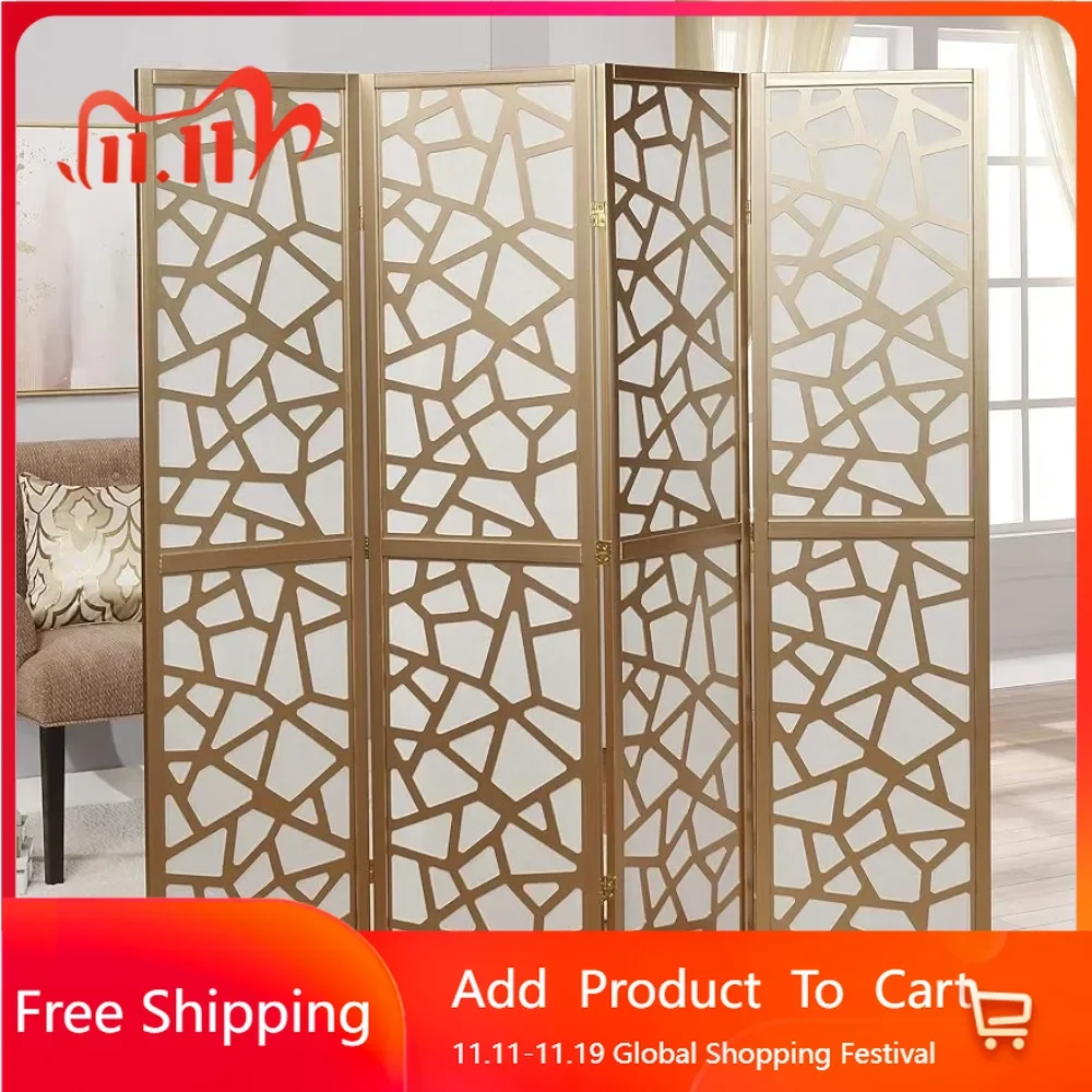 4 Panel Screen Room Divider with Gold Curtain, Perfect for Separating Spaces and Adding Style Free Shipping High Quality