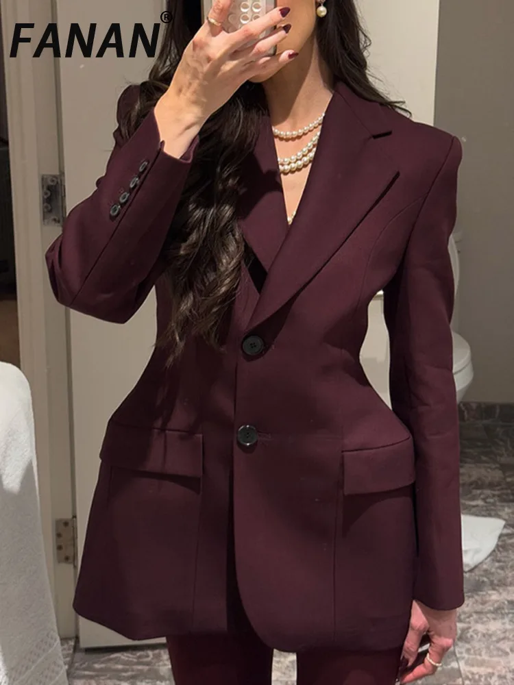 FANAN Elegant Burgundy Women's Long Sleeve Pockets Slim Coats New Single Breasted Blazer Female Jacket 2025 Street Lady Overcoat