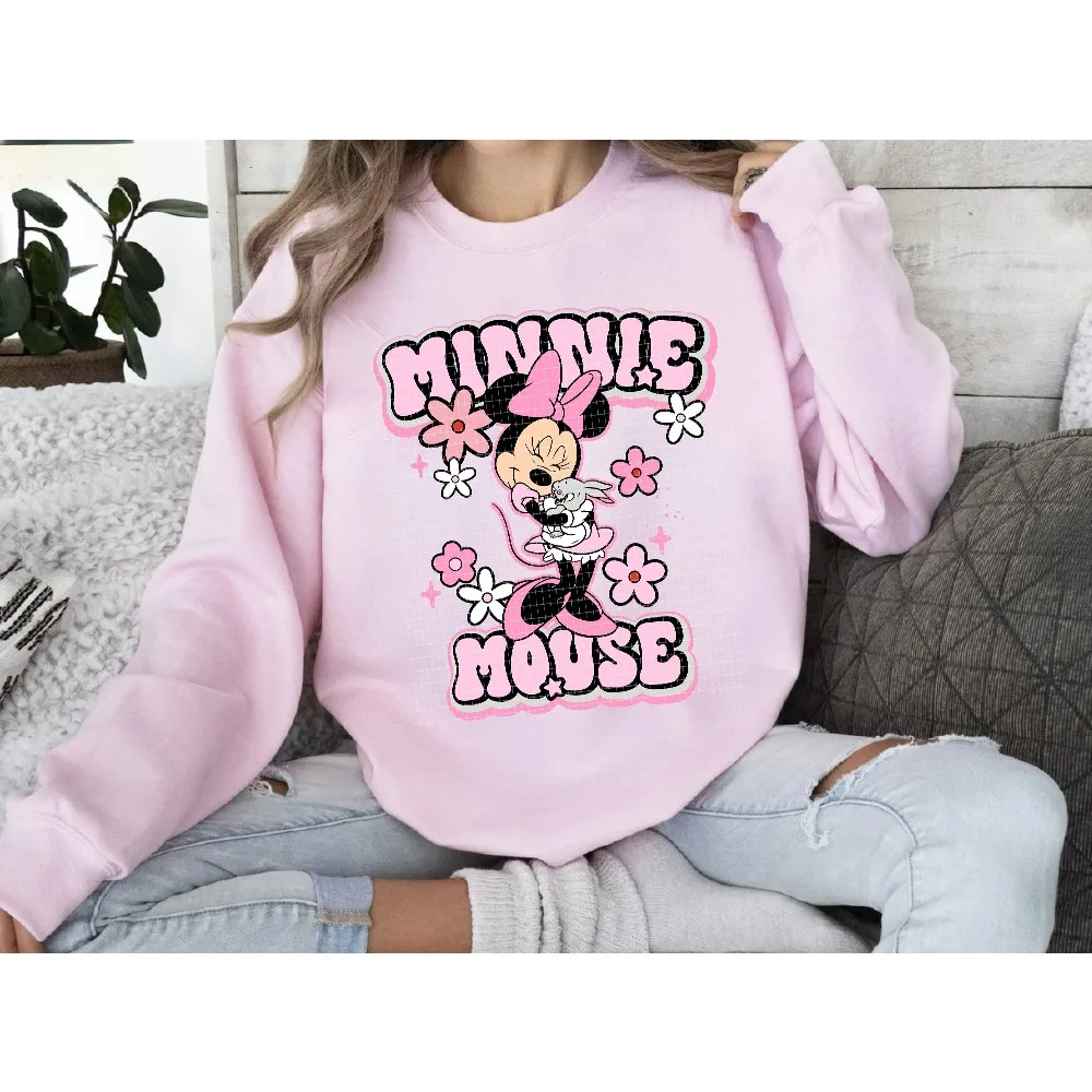 เสื้อสเวตเชิ้ตลายมินนี่เมาส์แบบพิมพ์ลายดิสนีย์ สไตล์ลำลอง สำหรับฤดูใบไม้ร่วงและฤดูหนาว ผ้าฟลีซ คอกลม สตรีทแวร์ เสื้อฮู้ดดี้ผู้หญิง