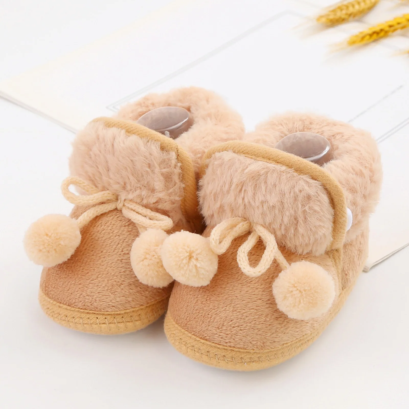 

Winter Snow Boots Newborn Toddler Warm Boots Warm Comfort First Walkers Baby Girls Boys Shoes Soft Sole Fluff Balls Snow Booties