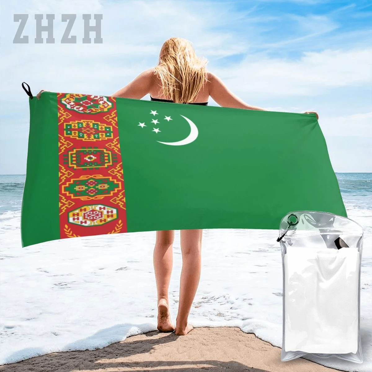 More Design Turkmenistan Flag Emblem Bath Towel Quick dry Microfiber Absorbing Soft Water Breathable Beach Swimming Bathroom
