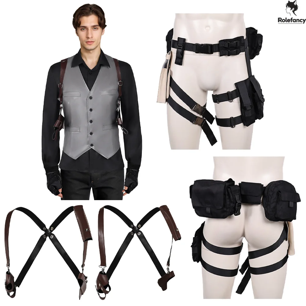 Image of Leon Cosplay Scott Kennedy Gürtel Holster Rückengurt Handschuhe Roleplay Erwachsene Männer Gürtel Halloween Party Kostüm Zubehör Fantasia