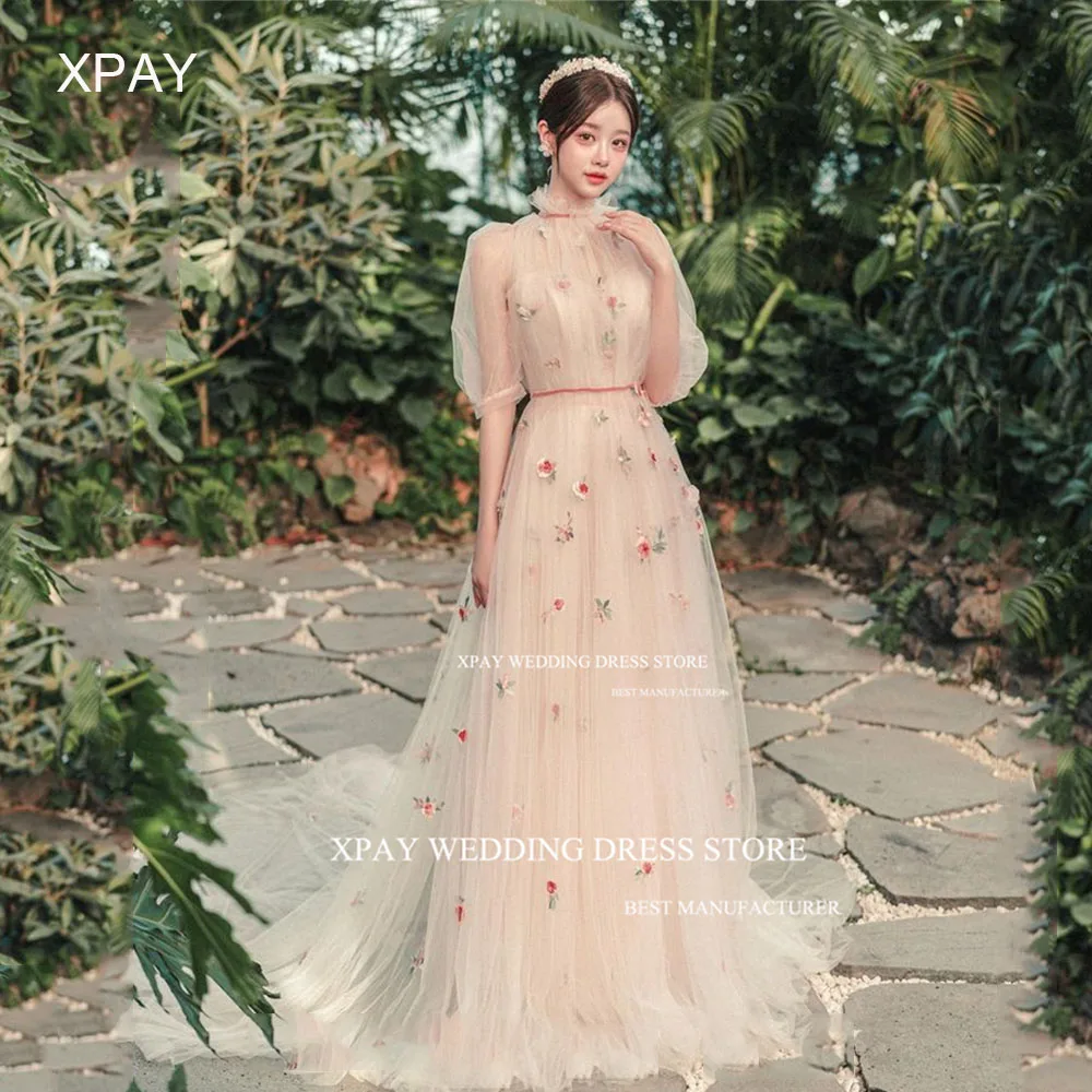 XPAY Halter Neck Korea Evening Dresses Rose Flowers Lace Women Wedding Photo Shoot Prom Gown Pleats Short Sleeves Playing Dress