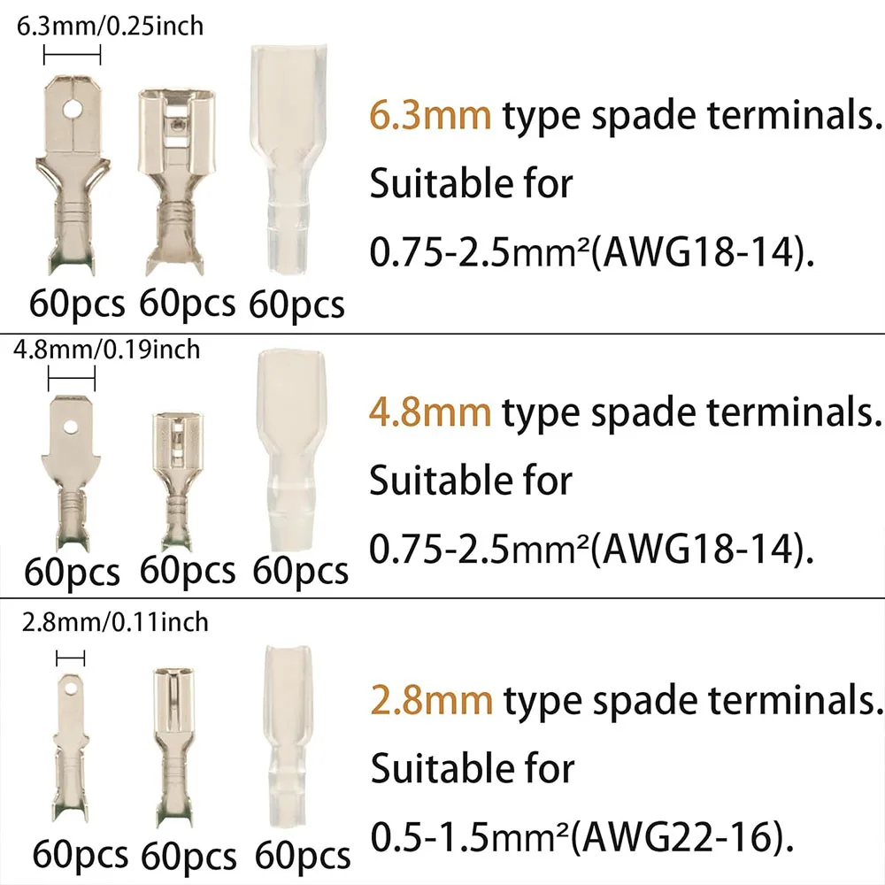 540pcs 2.8mm 4.8mm 6.3mm Male and Female Spade Connectors Kit with Insulating Sleeve, Crimp Terminals Electrical Connectors