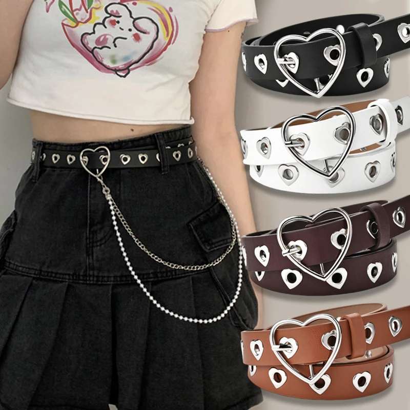 

2024 Heart Eye Rivet Belt Goth Style Double Pin Buckle Man/woman Fashion Casual Puck Style Pu Leather Waistband for Jeans Young