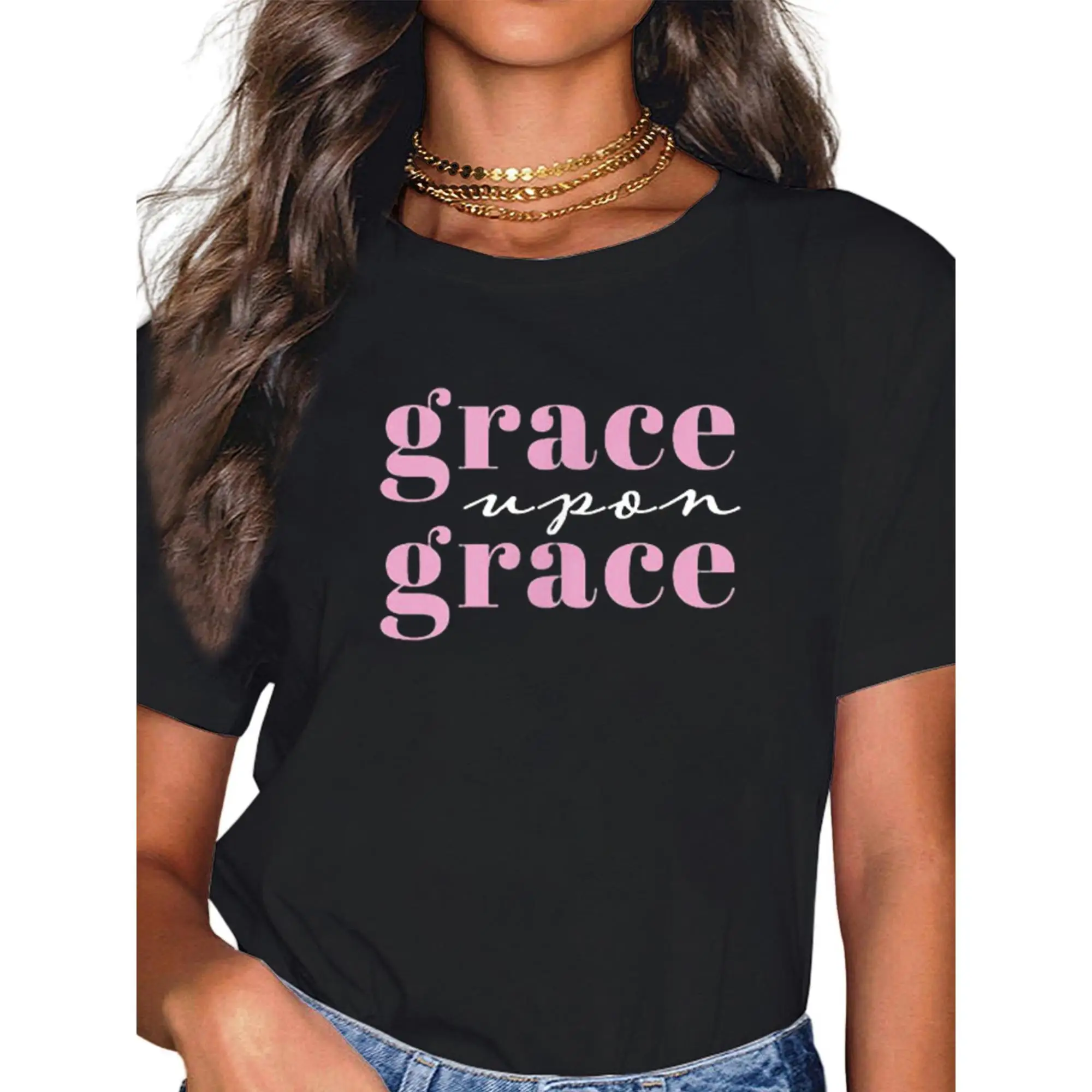 

Grace Upon Grace" Pink & White Floral Graphic Tee for Women - Soft Casual Round Neck Short Sleeve T-Shirt, Perfect for Spring