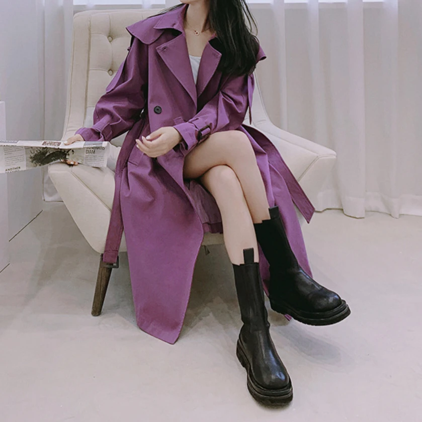 New in Outerwears Elegant Women Trenchcoat Purple Double Breasted Long Trench Coats Lapel Belted Jacket Mid Long Slim Clothes