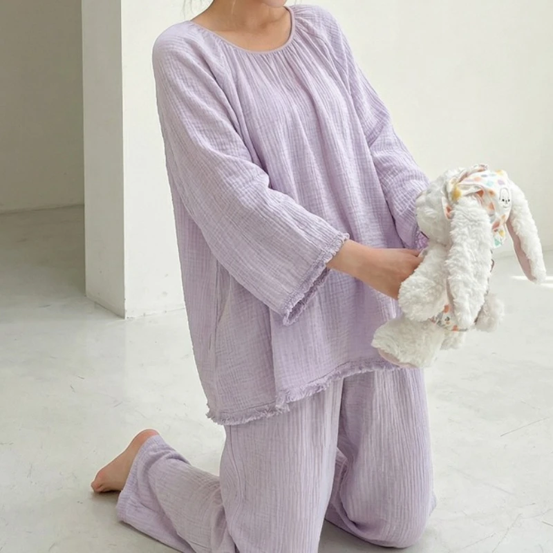 New Arrival, Round Neck, Double-layer Gauze, Wrinkled, Simple, Loose, Long-sleeved Suit, Home Wear, Can Be Worn Outside