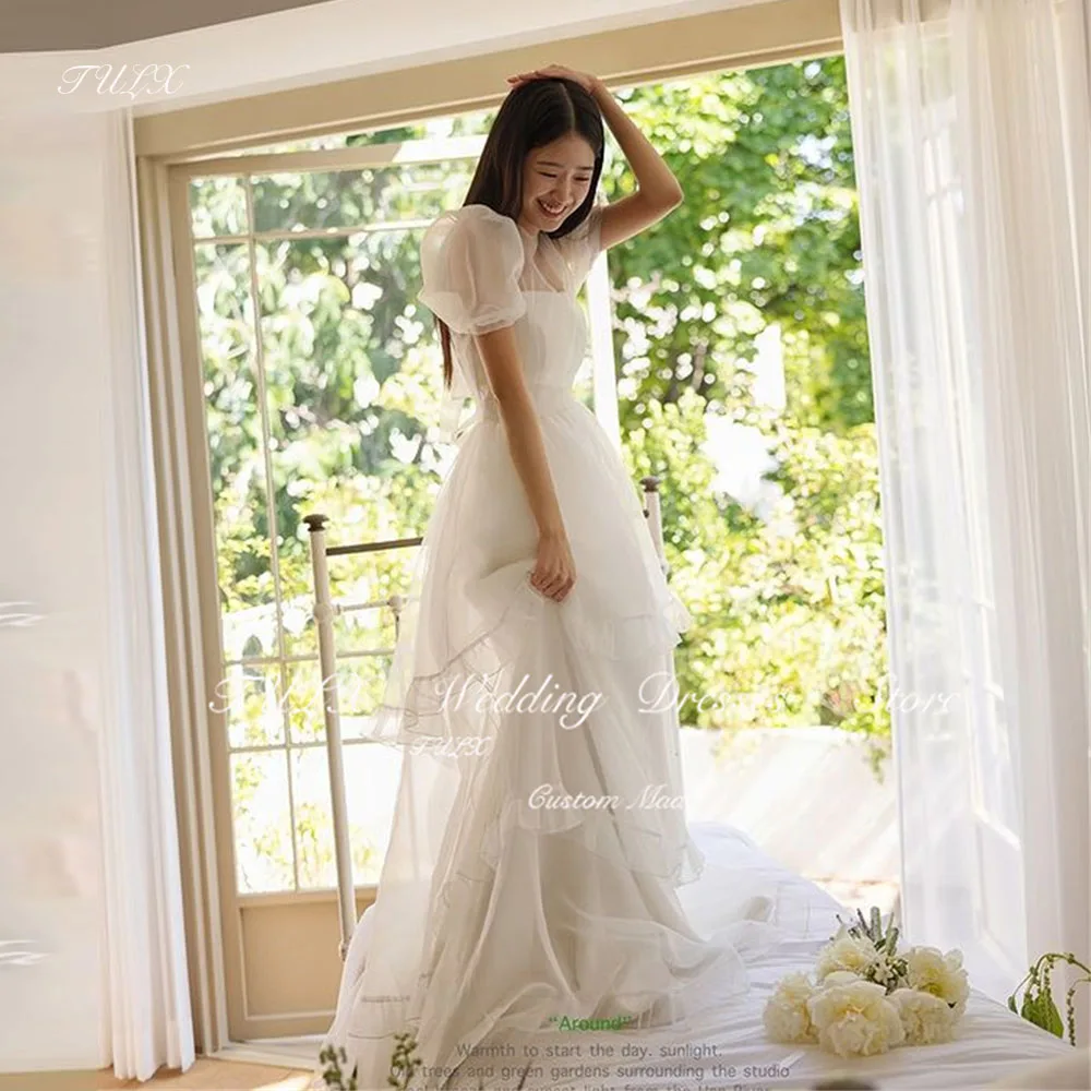 

TULX A-line O Neck Puff Sleeve Wedding Dresses Korea Photo Shoot Organza Tiered Women Bridal Gowns Elegant Floor Length 웨딩드레스