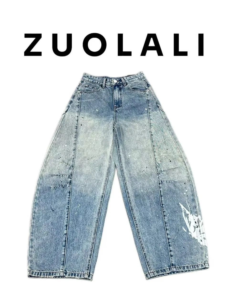 

High Waist Splatter Design Denim Pants Luxury Trendy Series ZUOLALI Leftala Lady Commuter Soft Cotton
