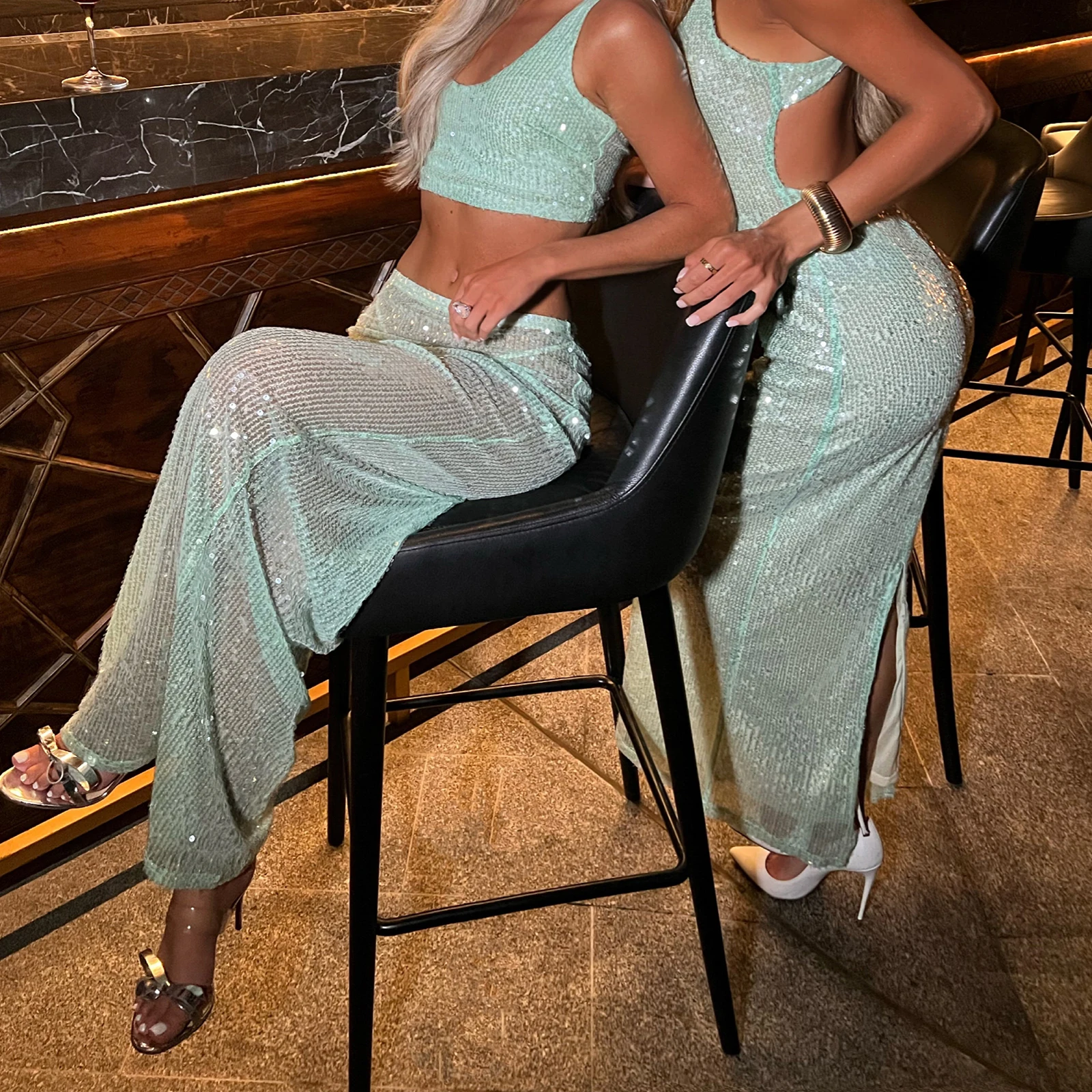 

Women Summer y2k Coquette Sexy Sequin Sheer Maxi Skirts Sparkly Elastic Waist See Through Long Bodycon Skirts For Party Club