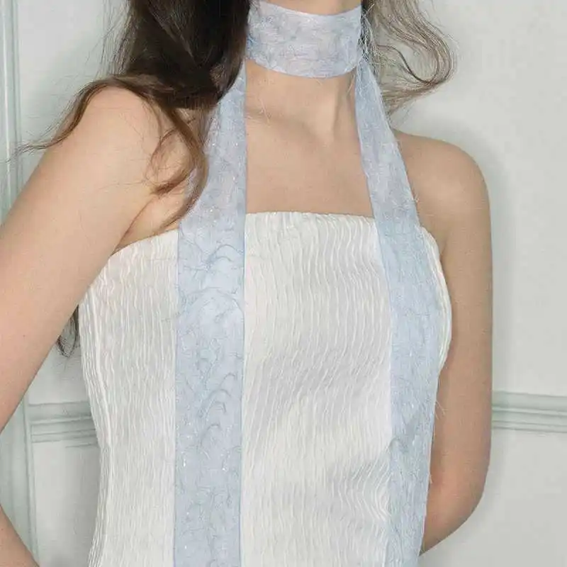 Premium Spring Summer Blue Flowing Sand Scarf Women Sweet Relaxed Long Ribbon Tie Hair Multifunctional Silk Wrap
