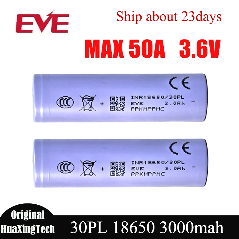 

1-20pcs Original EVE 30PL 18650 Battery 3000mah MAX 50A 3.6V Rechargeabl Lithium Battery High Power Li-ion Cell for Battery Pack