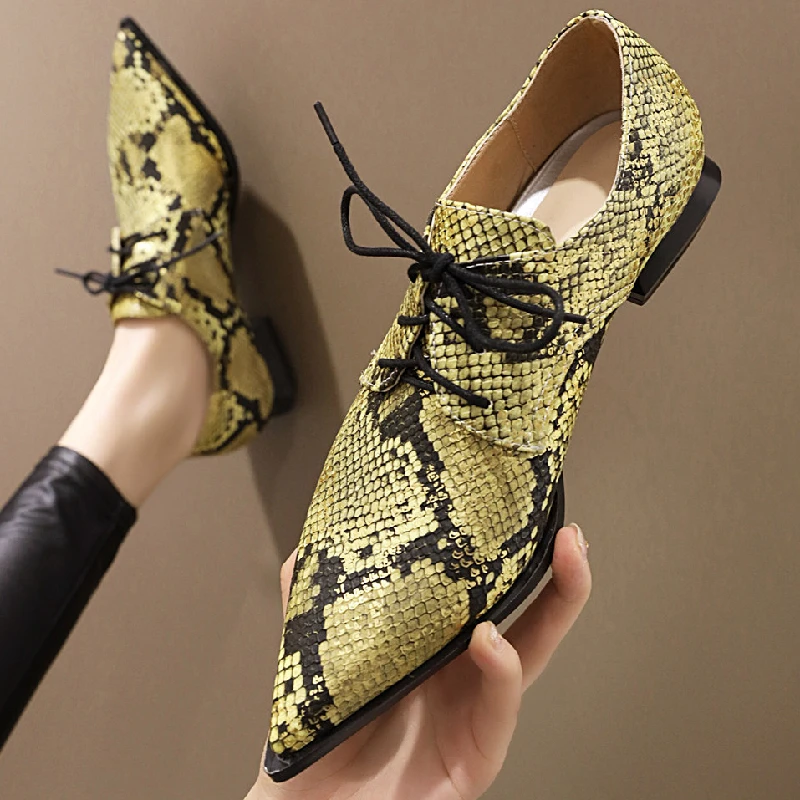 Snake Print Women Loafers Shoes Casual Low Heels Fashion Lace-up Boat Shoes Lady Sexy Pointed Snake EURO Style Oxford Shoes
