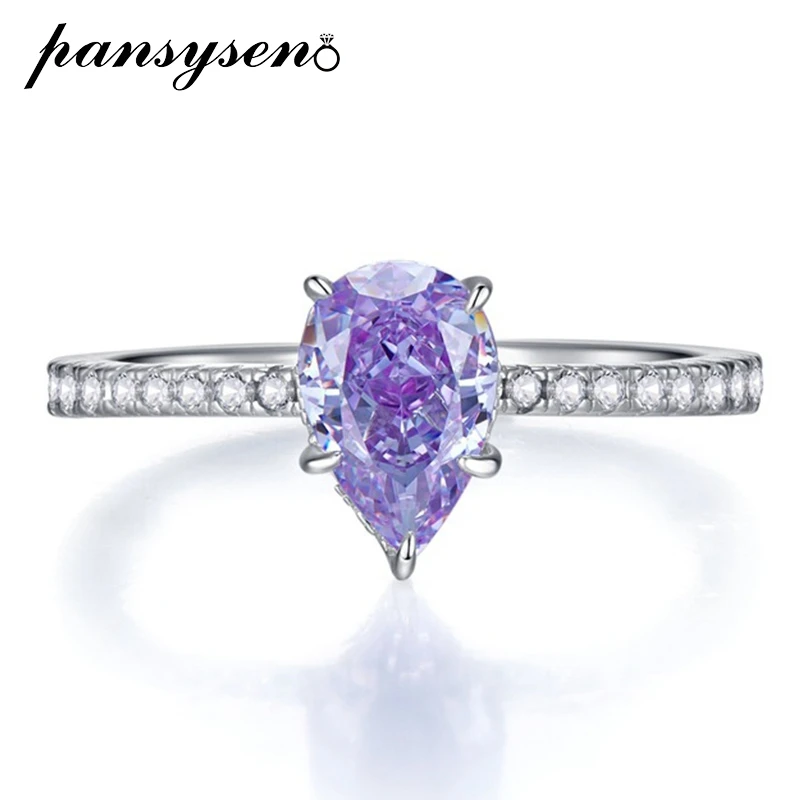 

PANSYSEN Sparkling 925 Sterling Silver 6x9MM Pear Cut Amethyst Emerald Gemstone Cocktail Rings for Women Party Fine Jewelry Gift