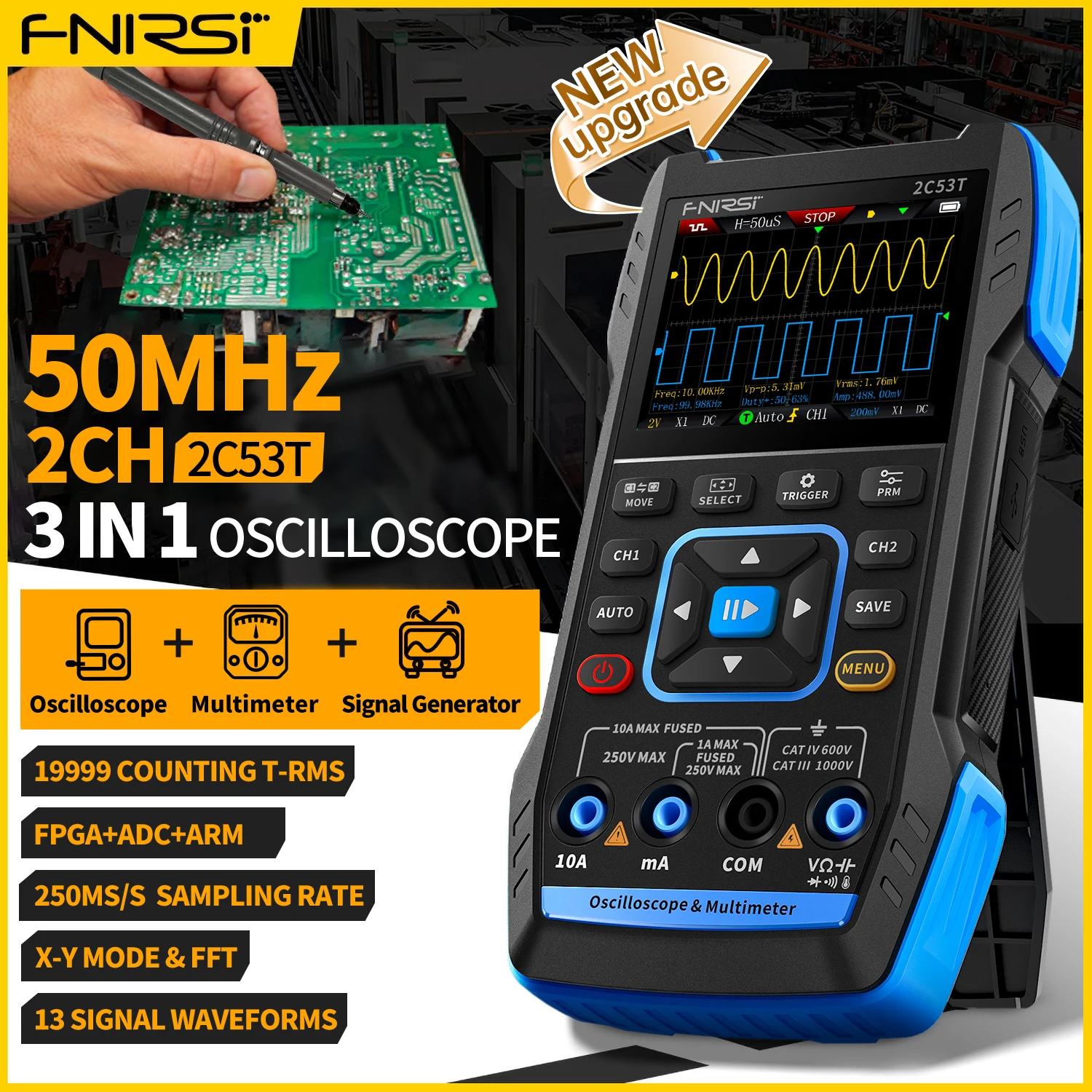 FNIRSI 2C23T 2C53T actualización 50MHz osciloscopio Digital portátil multímetro generador de señal 3 en 1 herramientas automotrices de doble canal