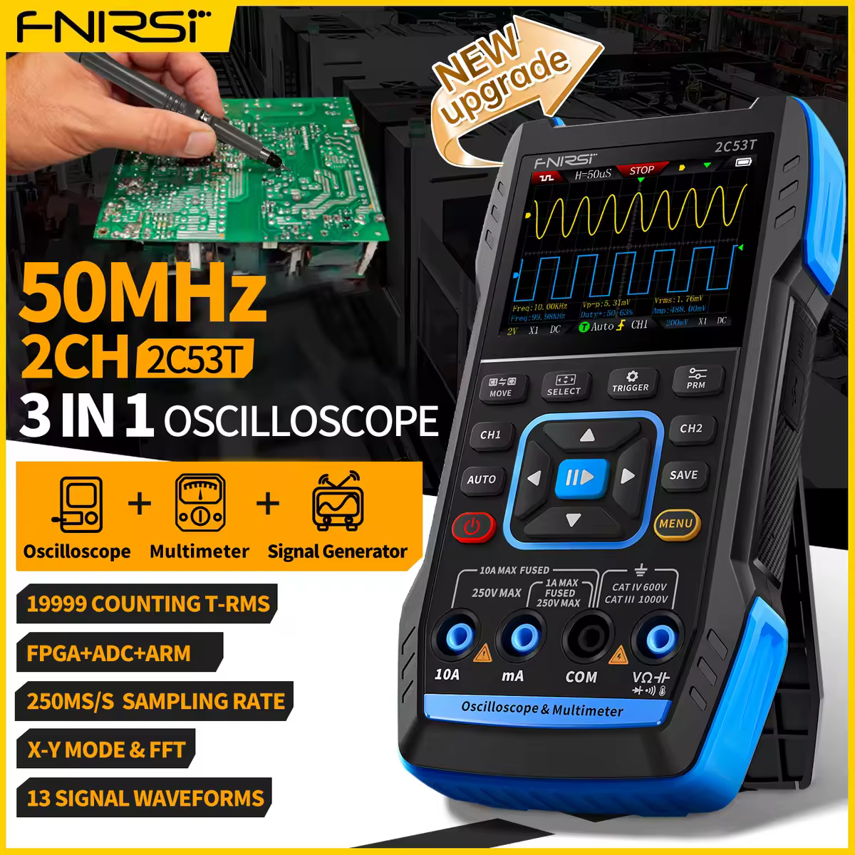FNIRSI 2C23T 2C53T actualización 50MHz osciloscopio Digital portátil multímetro generador de señal 3 en 1 herramientas automotrices de doble canal