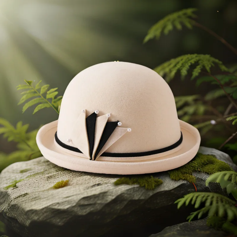 

100% Wool Bucket Hat with Rolled Brim Fan Patch & Pearl Decor Vintage Winter Elegant Women's Fisherman Cap