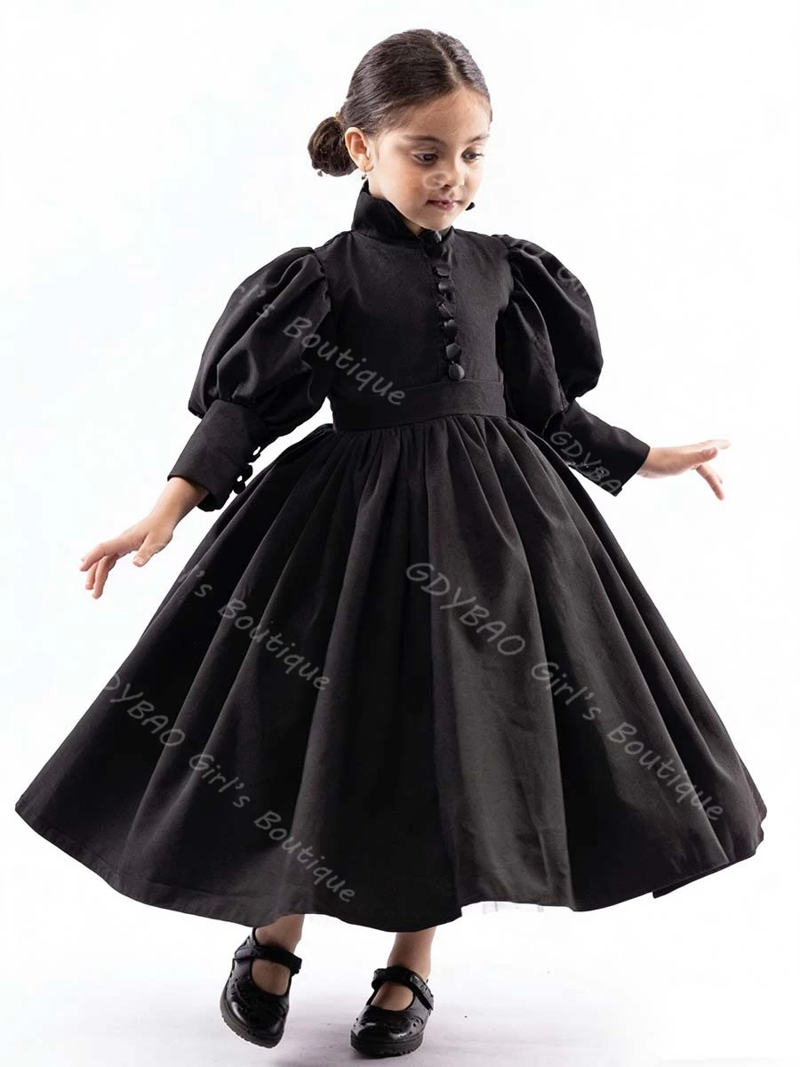 

Элегантное черное детское платье для вечеринок с высоким воротом и рукавами 3/4, платье для девочек на свадьбу, день рождения, причастие, длиной до колена, на заказ
