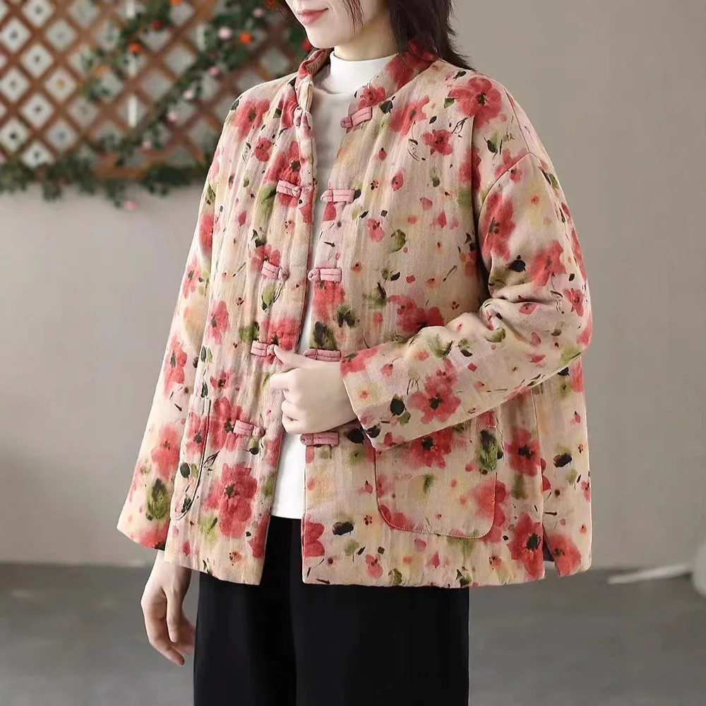 Winter Fall Vintage Chinese Style Printed Cotton-padded Coats for Women Stand Collar Thicken Warm Jackets Parkas