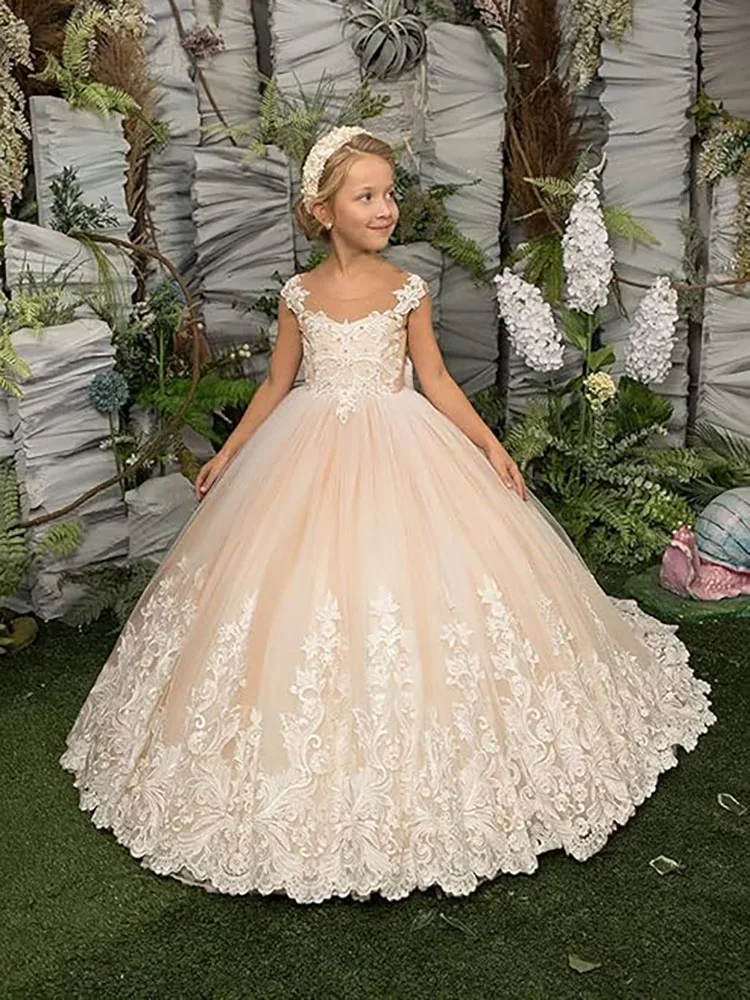 

Champagne color Flower Girl dress elegant tulle appliques backless bow wedding princess birthday ball kids pageant evening gown