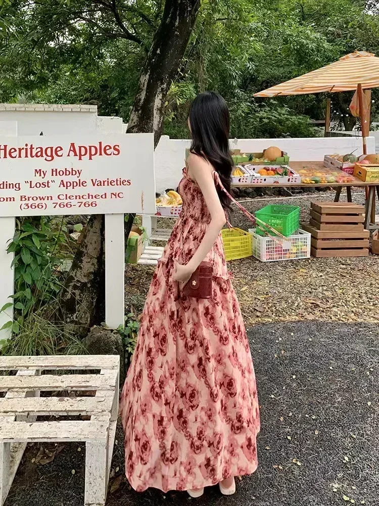 Vestido de encaje con estampado de Rosa francesa para mujer, vestidos largos con correa elegante, cintura alta, verano y otoño, 2024