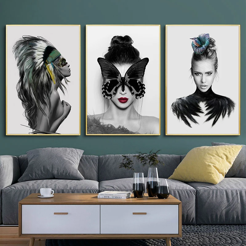 

3pcs/Set Abstract Fashion Feather Butterfly Mask Women Canvas Poster Picture Wall Art, Modern Living Room Home Decoration Print