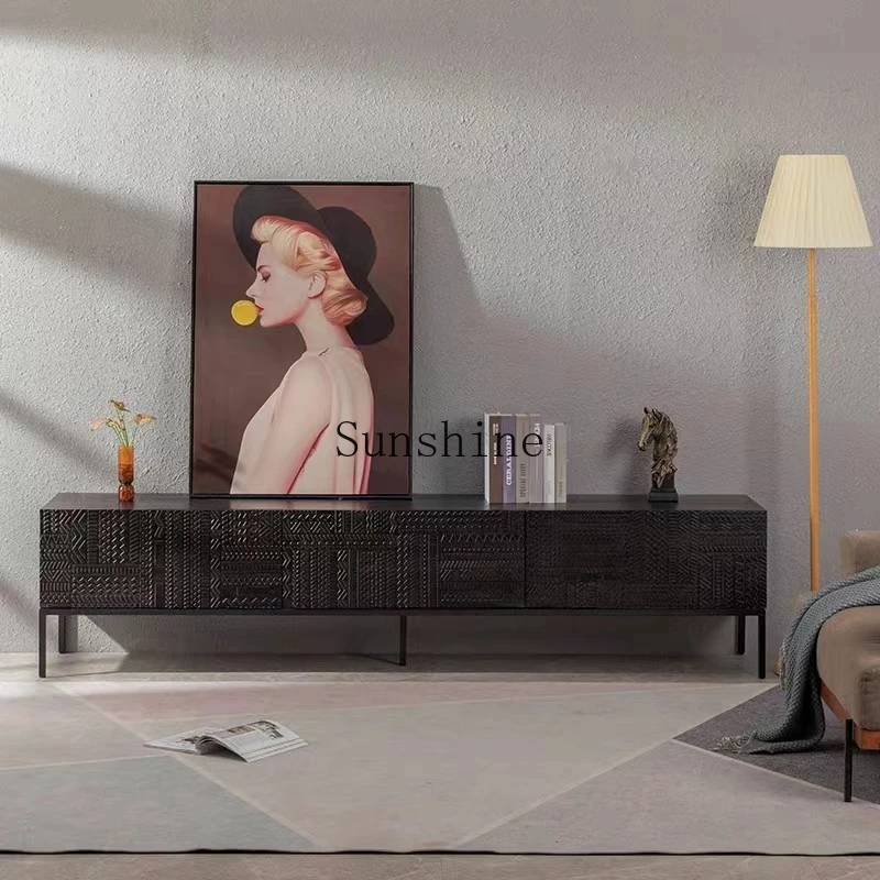 

Nordic solid wood retro carved floor cabinet simple light luxury small apartment black TV cabinet