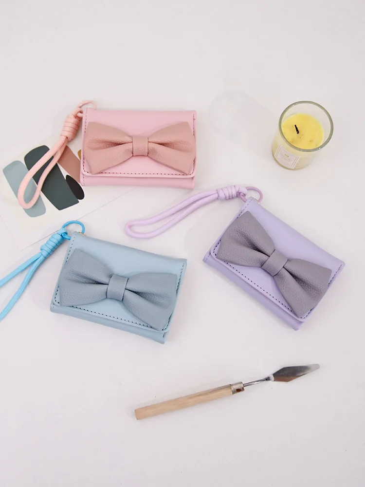 Cute Bow Knot Small Card Holder PU Leather Multi Slot ID Credit Card Wallet With Hand Wrist Lanyard Sweet Solid Color Mini Coin