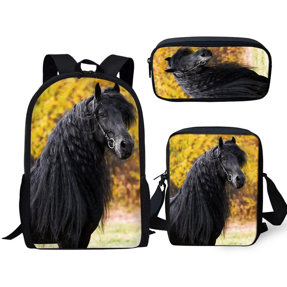 Classic Handsome Black Horse 3D Print 3pcs/Set pupil School Bags Laptop Daypack Backpack Inclined shoulder bag Pencil Case