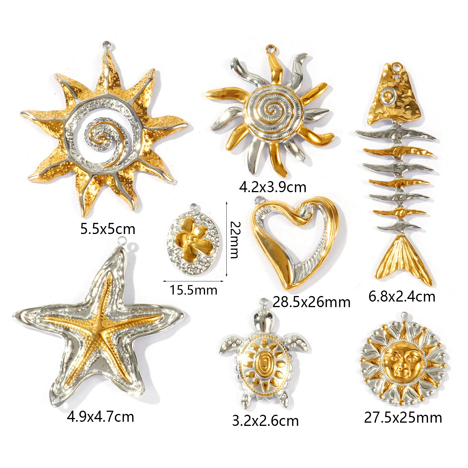 2 PCs 304 Stainless Steel Ocean Charms Starfish Turtle Sun  Flower18K Gold Plated & Silver Tone Two Tone Pendants DIY Necklace