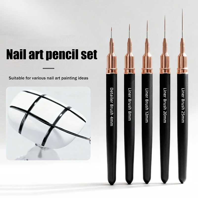 

5PCS Nail Art Liner Brushes Sizes Painting Nail Design Pen 4/8/12/20/25mm Drawing Tool For Long Lines Thin Details Manicure Pen"