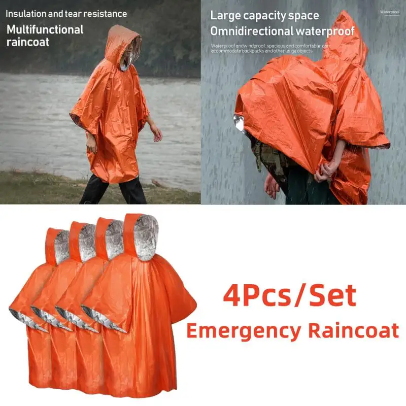 Poncho de lluvia de emergencia con forro de Manta Mylar, mantas de supervivencia para coche, equipo de Camping resistente al agua, 4 piezas