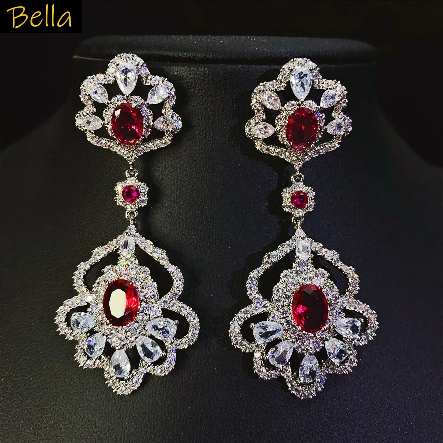 

Luxury Flower Earrings for Women Purple Pink White Zirconia Silver Color Wedding Bride Jewelry long dangling earrings party