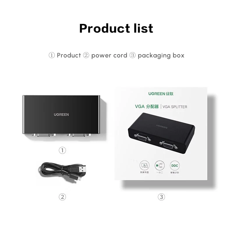 UGREEN VGA Splitter 1 in 2 Out Switch Splitter  Support 1920*1440P@60Hz for PC TV Monitor