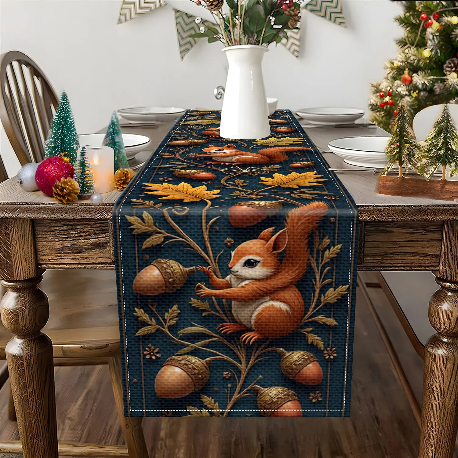 1 Piece of Forest-Themed Squirrel Table Runner with Squirrel, Acorn, and Autumn Leaf Patterns, Suitable for Country-Style Homes, Children's Rooms, and Natural-Themed Decorative Settings.