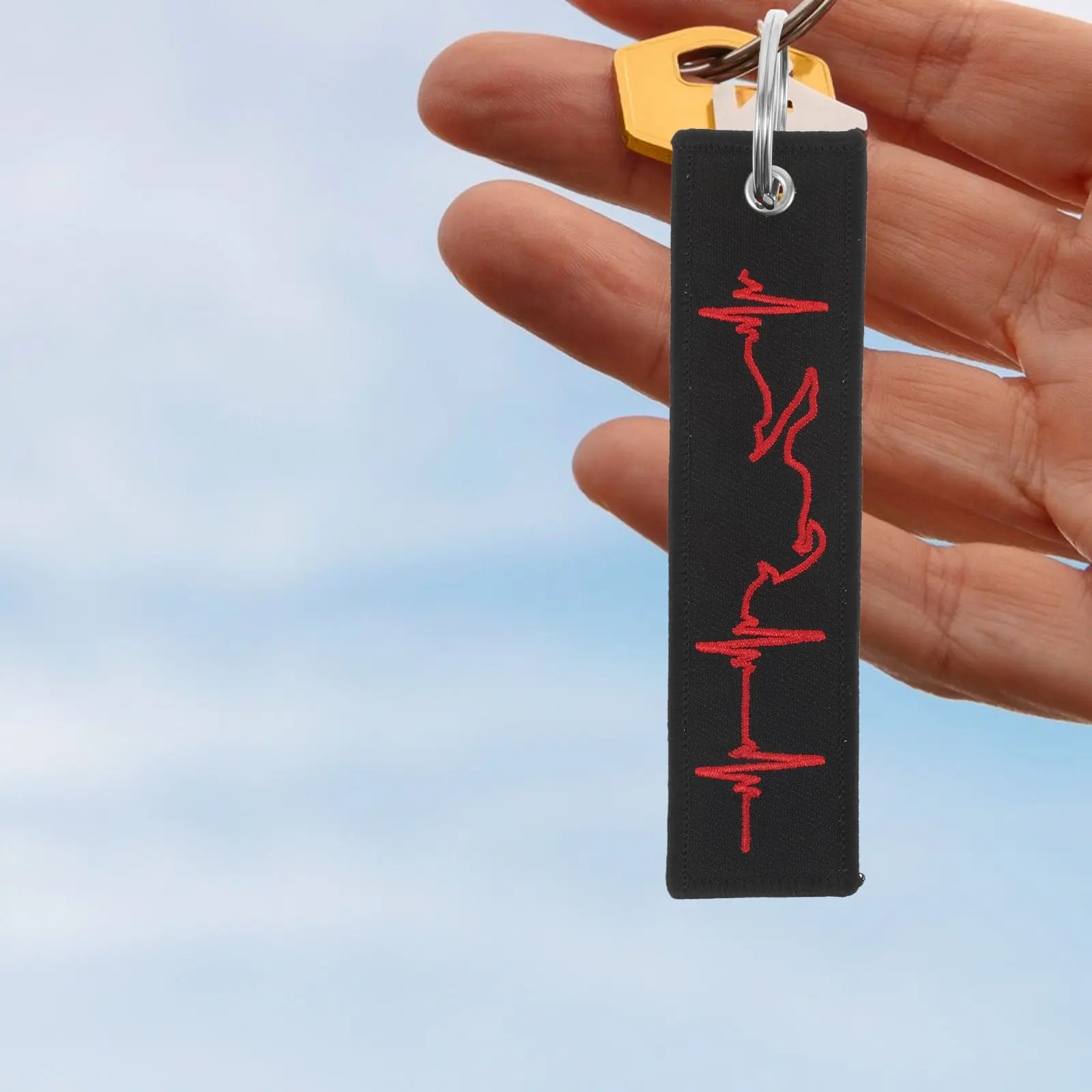 Red Electrocardiogram Keychain Black Background Intricate Embroidery Polyester Keychain for Car Keys Motorcycle Keys Cool
