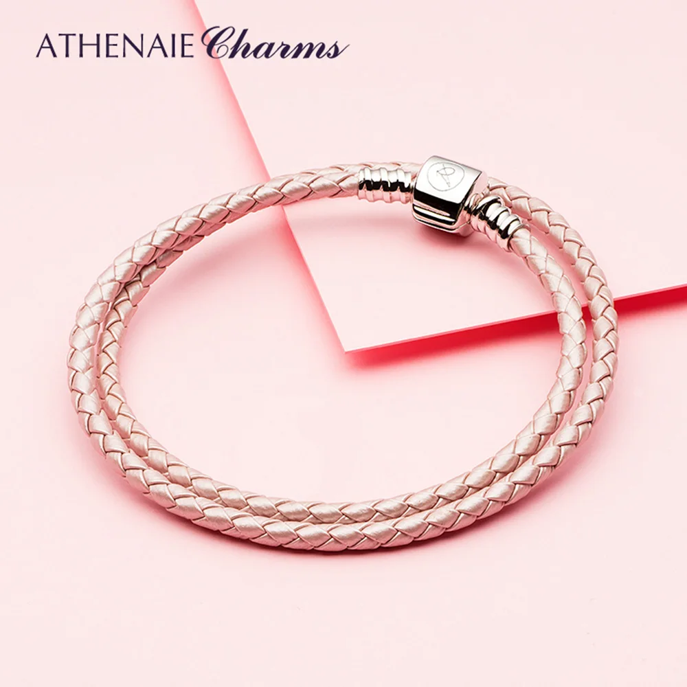 ATHENAIE وردي فاتح مزدوج مضفر الجلود Charms سوار مع 925 مشبك فضي الاسترليني صالح ساحرة الخرزة لفتاة النساء #2