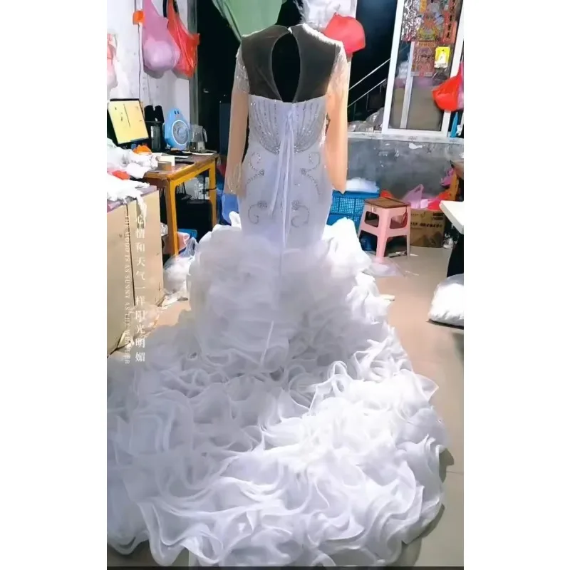Customized Mermaid Wedding Dress Long Sleeve Sheer Beaded Neck Shinny Stone Beaded Fish Tail Bridal Gown with Cascading Ruffles